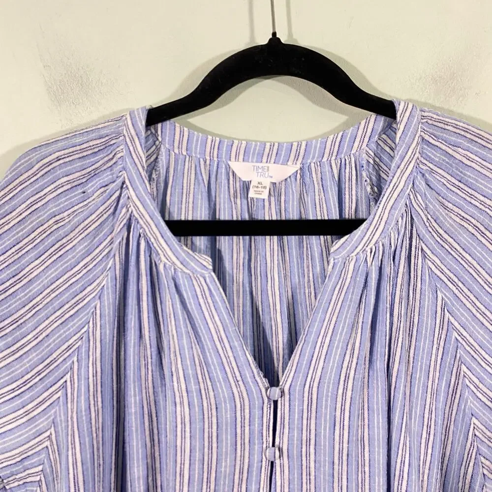 Time & Tru Women's Blue Striped Cap Sleeves Linen Blend Top Size XL (16-18)